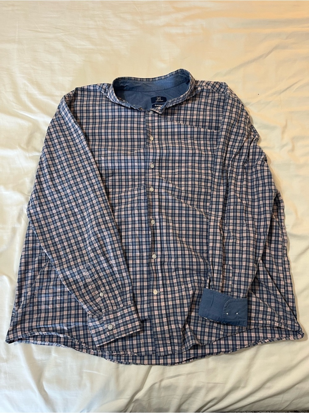 George Men’s Navy and Light Pink Plaid Button-Down Shirt